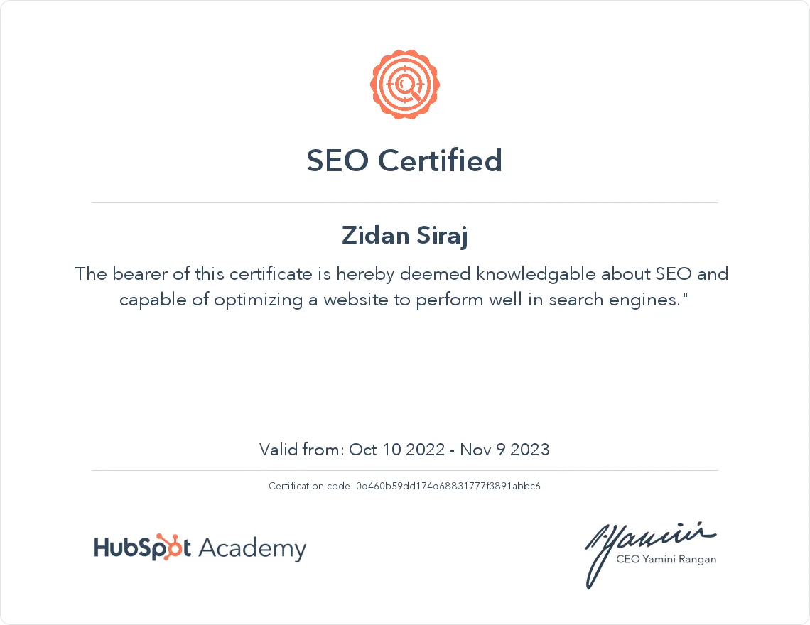 Hubspot SEO Certificate